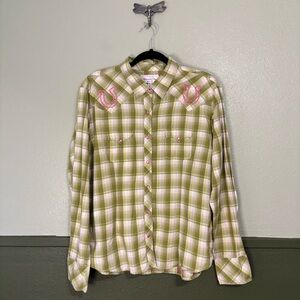 Panhandle Slim Green and Pink Plaid Pearl Snap Long Sleeve Shirt Size XL